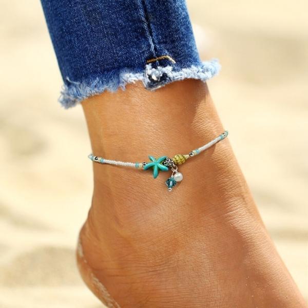 Natural Stone Anklet Bracelet with Star and Shell Charms