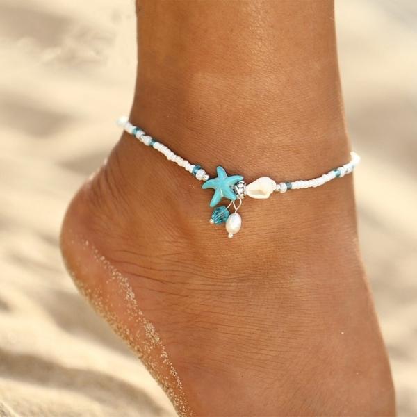 Natural Stone Anklet Bracelet with Star and Shell Charms