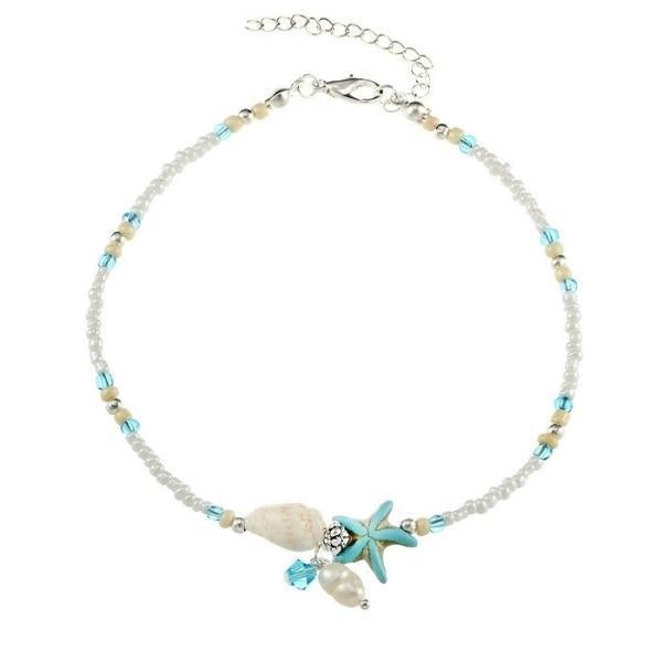 Natural Stone Anklet Bracelet with Star and Shell Charms