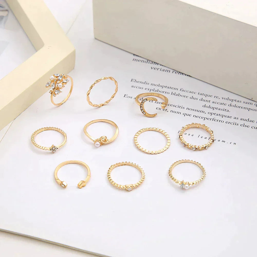 Set of 10 Bohemian Style Silver and Gold Plated Rings