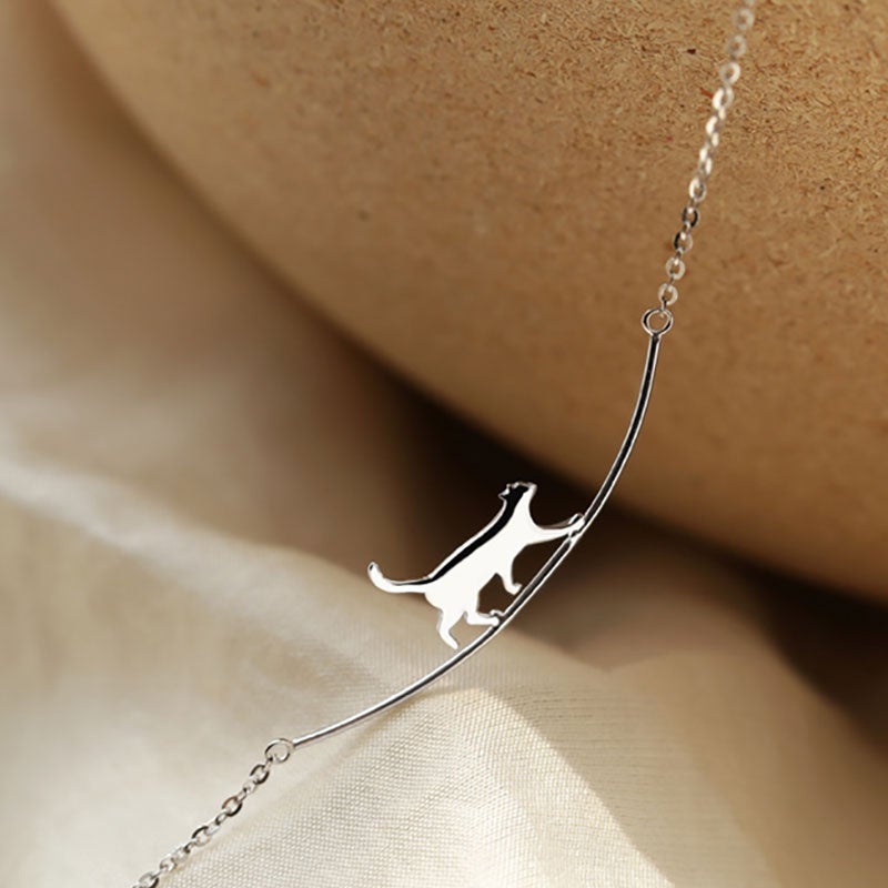 Silver Climbing Cat Pendant Necklace