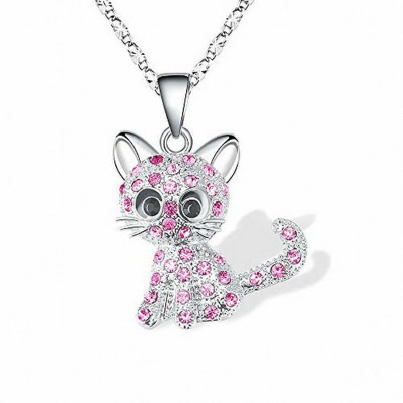 Silver Kitten and Colored Zirconia Necklace
