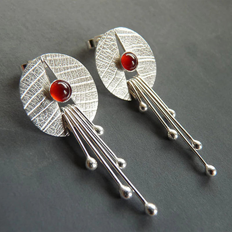 Openwork Red Gemstone Dangle Earrings