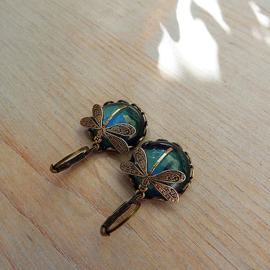 Antique Gold Spherical Dragonfly Earrings