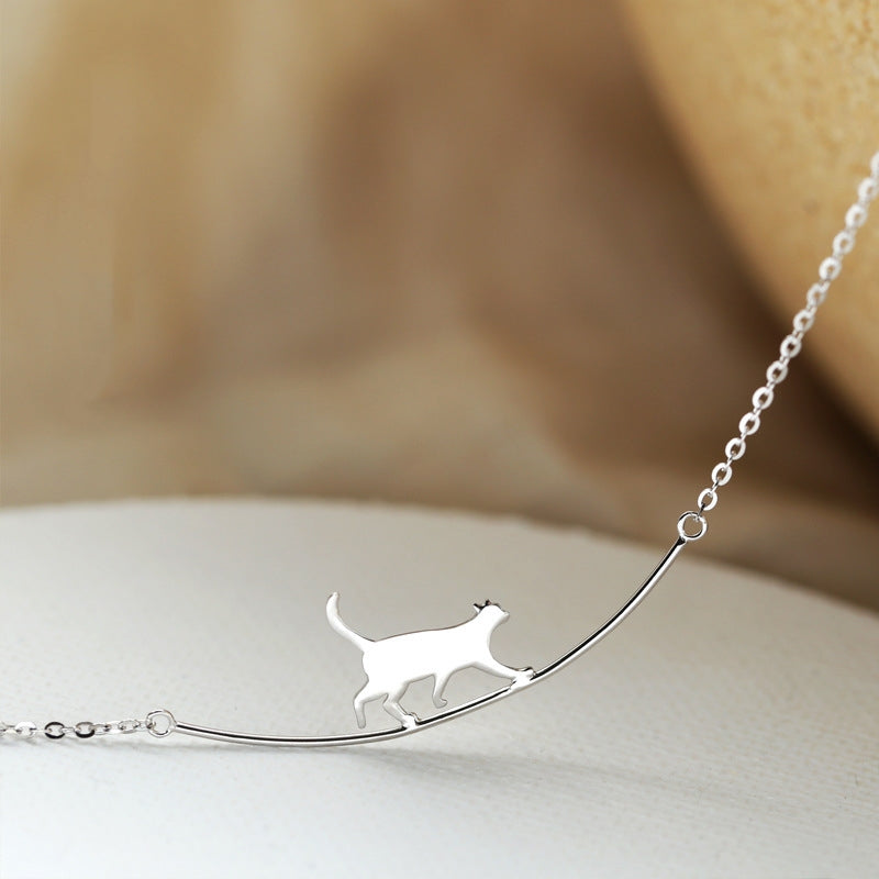 Silver Climbing Cat Pendant Necklace