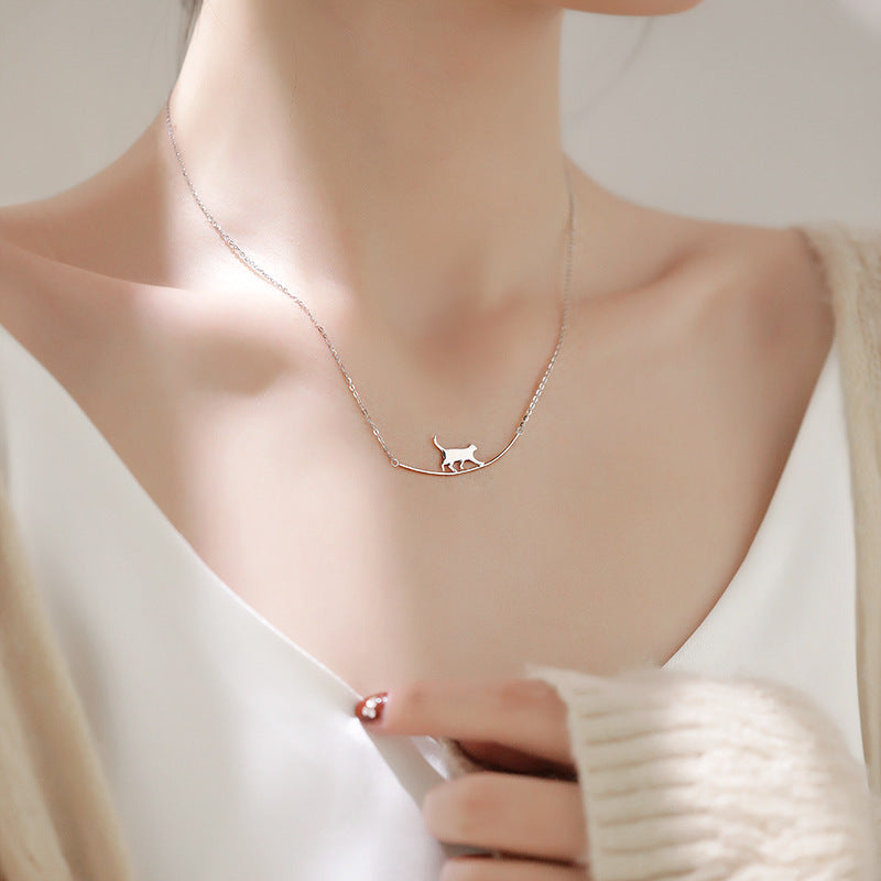 Silver Climbing Cat Pendant Necklace