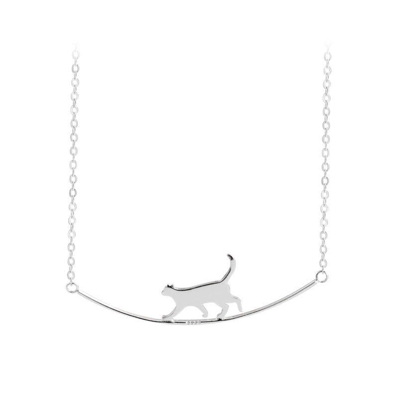 Silver Climbing Cat Pendant Necklace