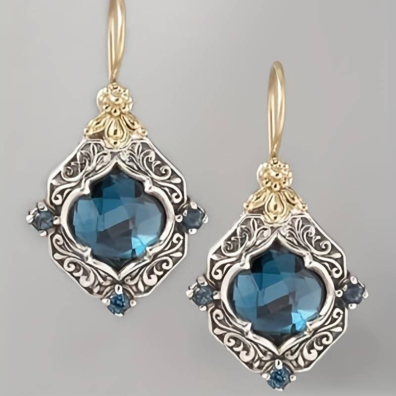 Retro Blue Crystal Gold and Silver Earrings