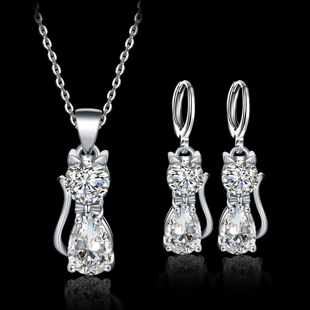 Happy Cats Necklace and Earrings Set in Sterling Silver with Polished White Zirconium