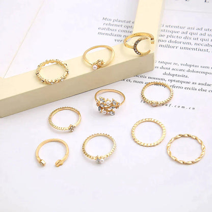 Set of 10 Bohemian Style Silver and Gold Plated Rings