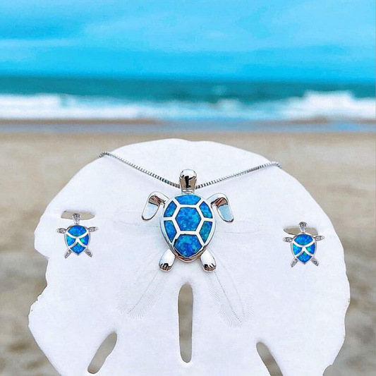Opal and Silver Sea Turtle Necklace and Earrings Set