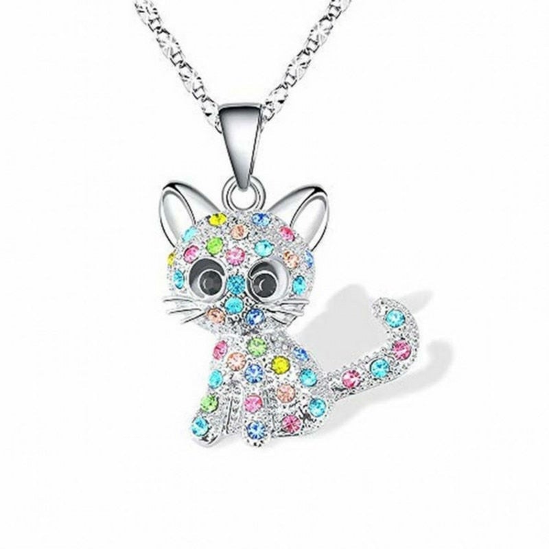 Silver Kitten and Colored Zirconia Necklace