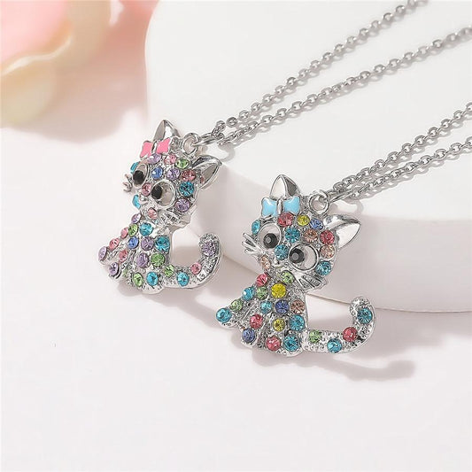Silver Kitten and Colored Zirconia Necklace
