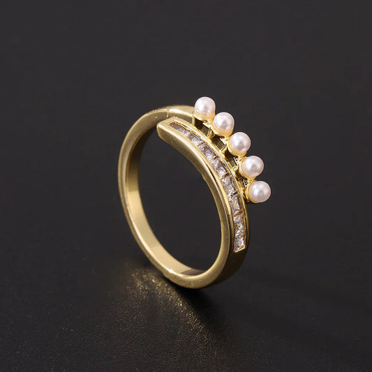 Retro Open Zirconia and Pearl Ring