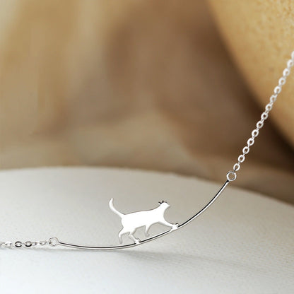 Silver Climbing Cat Pendant Necklace