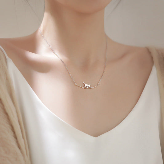 Silver Climbing Cat Pendant Necklace