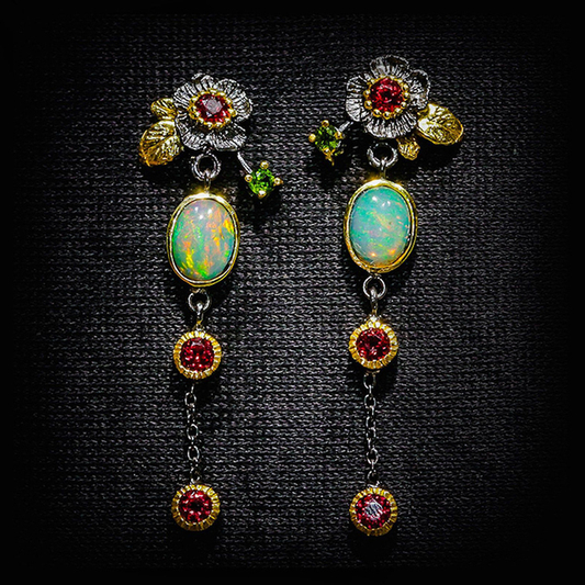 Bohemian Earrings with Opal and Red Zirconia