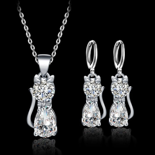 Happy Cats Necklace and Earrings Set in Sterling Silver with Polished White Zirconium